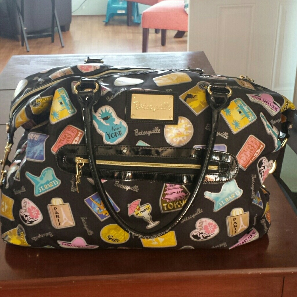 Betsey Johnson Black Travel Duffel with Colorful Patch Stickers